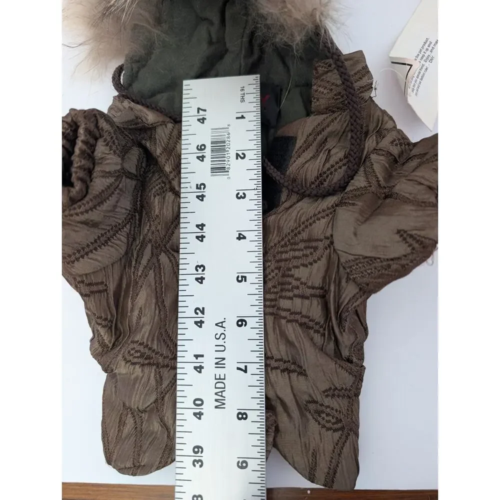 DNY Quilted Dog Coat with Fur Trim Hood Brown Textured Winter Jacket Small Breed